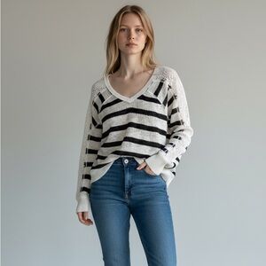 We The Free Black and White Striped V-Neck Slouchy Gauzy Sweater Top
